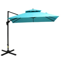 Outsunny 10ft Offset Patio Umbrella with Base, Double Top Hanging Aluminum Cantilever Umbrella with 360-degree Rotation, Easy Tilt, 8 Ribs, Crank, Cross Base, Cover, Strap, Light Blue(m-1)