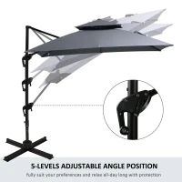 Outsunny 10ft Offset Patio Umbrella with Base, Double Top Hanging Aluminum Cantilever Umbrella with 360-degree Rotation, Easy Tilt, 8 Ribs, Crank, Cross Base, Cover, Strap, Dark Gray(m-4)