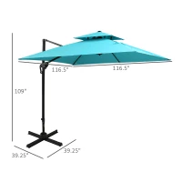 Outsunny 10ft Offset Patio Umbrella with Base, Double Top Hanging Aluminum Cantilever Umbrella with 360-degree Rotation, Easy Tilt, 8 Ribs, Crank, Cross Base, Cover, Strap, Light Blue(m-3)