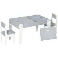 Qaba 3 Pcs Kids Table and Chair Set with Storage Under Tabletop, Activity Table and 2 Chairs, Kids Drawing Table for Playroom Furniture, Grey(m-1)