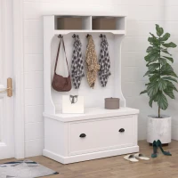HOMCOM 64.5"H Hall Tree with Storage Drawer & Top Shelf, Coat Rack Wooden Entryway Storage Bench Hall Tree Hallway Clothes Bag Coat Rack 4 Hooks, White(m-1)