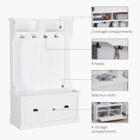 HOMCOM 64.5"H Hall Tree with Storage Drawer & Top Shelf, Coat Rack Wooden Entryway Storage Bench Hall Tree Hallway Clothes Bag Coat Rack 4 Hooks, White(m-3)