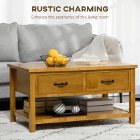 HOMCOM Rustic Coffee Table with Drawers, 2 Tier Wooden Coffee Table Living Room Furniture, Cocktail Table with Storage(m-3)