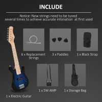 HOMCOM 30 Inch Kids Electric Guitar 3/4 Size Beginner Starter Kit w/ 5W Amplifier, Strap, Strings, Picks, Carrying Case Blue/Black(m-4)