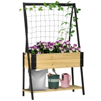 Outsunny Metal Leg Raised Garden Bed with Trellis, Elevated Planter Box with Storage Shelf, Bed Liner and Drainage Holes, for Vegetable Vines, Climbing Plants, Flowers, Natural(m-2)