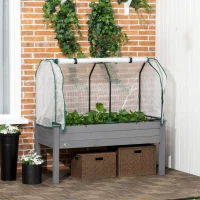 Outsunny Raised Garden Bed with PE Greenhouse Cover Outdoor Elevated Wood Planter Box for Herbs and Vegetables Dark Gray(m-1)