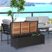 Outsunny Patio Wicker Storage Bench Box, Outdoor Garden PE Rattan Pool Storage Deck Bin Box w/ Natural Wood Top, Lid, Ideal for Storing Tools, Accessories and Toys, Coffee(m-1)