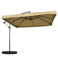Outsunny Offset Patio Umbrella with Net and Umbrella Base, Adjustable Cantilever Canopy with Cross Base, Weight Plates and 8 Ribs for Backyard, Poolside, Garden, Beige(m-2)