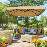 Outsunny Offset Patio Umbrella with Net and Umbrella Base, Adjustable Cantilever Canopy with Cross Base, Weight Plates and 8 Ribs for Backyard, Poolside, Garden, Beige