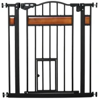 PawHut 29.1''-31.5'' Extra Wide Dog Gate with Cat Door with Stair Pressure Fit, Auto Close, Double Locking, for Doorways, Hallways, Stairs, Black(m-2)