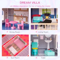 Qaba 13 PCS Kids 3-Story Dollhouse, Dreamhouse Villa, for Toddler, Little Girls, Multi-level House, with Elevator, Furniture Accessories Kit, for 3-6 Years Old, Pink(m-6)