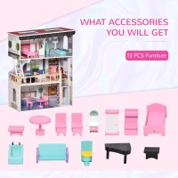Qaba 13 PCS Kids 3-Story Dollhouse, Dreamhouse Villa, for Toddler, Little Girls, Multi-level House, with Elevator, Furniture Accessories Kit, for 3-6 Years Old, Pink(m-5)