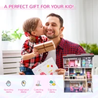 Qaba 13 PCS Kids 3-Story Dollhouse, Dreamhouse Villa, for Toddler, Little Girls, Multi-level House, with Elevator, Furniture Accessories Kit, for 3-6 Years Old, Pink(m-4)