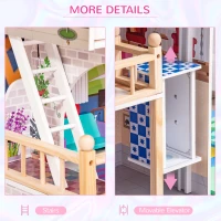 Qaba 13 PCS Kids 3-Story Dollhouse, Dreamhouse Villa, for Toddler, Little Girls, Multi-level House, with Elevator, Furniture Accessories Kit, for 3-6 Years Old, Pink(m-9)