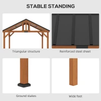 Outsunny 11' x 12' Hardtop Gazebo with Wooden Frame and Waterproof Asphalt Roof, Permanent Pavilion Gazebo Canopy, for Garden, Patio, Backyard, Deck, Porch, Brown(m-6)