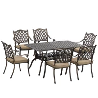 Outsunny 7 Pieces Patio Dining Set with Umbrella Hole, Cast Aluminum Outdoor Patio Furniture Set with 6 Cushioned Chairs and Rectangle Dining Table, for Garden, Lawn, Deck, Khaki(m-2)