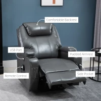 HOMCOM Multi-Pressure-Level Massage Chair with USB Charger, Back and Lumbar Support, Thick Armrests, Faux Leather Recliner Chair, 8-Point Massage Recliner, Charcoal Gray(m-6)