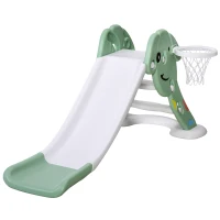 Qaba Kids Slide with Basketball Hoop Toddler Climber Freestanding Slider Playset Playground Slipping Slide Indoor Outdoor Exercise Toy Activity Center Green(m-2)