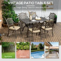 Outsunny 7 Pieces Patio Dining Set with Umbrella Hole, Cast Aluminum Outdoor Patio Furniture Set with 6 Cushioned Chairs and Rectangle Dining Table, for Garden, Lawn, Deck, Khaki(m-6)