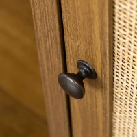 HOMCOM Space-Saving Small Computer Desk with Storage Shelf & Rattan Cabinet, Writing Desk Home Office Desk Workstation Table, Light Walnut(m-7)