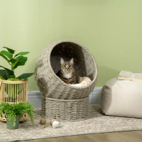PawHut Handwoven Elevated Cat Bed with Soft Cushion & Cat Egg Chair Shape, Cat Basket Bed Kitty House with Stand, Raised Wicker Cat Bed for Indoor Cats, 23.5" H, Herbal Gray(m-2)