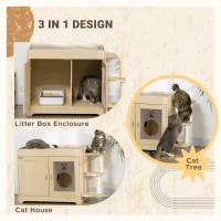PawHut 3-in-1 Cat Litter Box Enclosure & Elevated Cat Bed Tree with Scratching Posts for Large & Small Kitties, Hidden Cat Litter Cabinet with Double Doors, Soft Cushion(m-4)