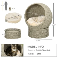 PawHut Handwoven Elevated Cat Bed with Soft Cushion & Cat Egg Chair Shape, Cat Basket Bed Kitty House with Stand, Raised Wicker Cat Bed for Indoor Cats, 23.5" H, Herbal Gray(m-3)