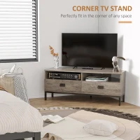 HOMCOM Corner TV Stand for TV up to 46", Entertainment Center with Open Storage and Drawers, TV Table with Steel Legs, Grey(m-4)