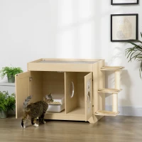 PawHut 3-in-1 Cat Litter Box Enclosure & Elevated Cat Bed Tree with Scratching Posts for Large & Small Kitties, Hidden Cat Litter Cabinet with Double Doors, Soft Cushion(m-2)