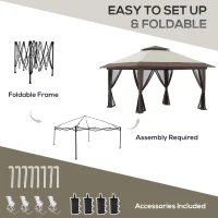 Outsunny 13' x 13' Pop Up Gazebo Instant Canopy Tent Shelter with 2-Tier Roof, Carry Bag, Wight Bags for Outdoor, Garden, Beige(m-5)