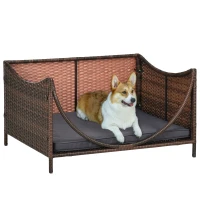 PawHut Rattan Pet Bed for Small Medium Dogs and Cats, Wicker Dog House Outdoor with Water-resistant Cushion, 35"x28"x20", Brown(m-2)