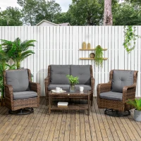 Outsunny 4 Piece PE Rattan Outdoor Patio Furniture Set, Wicker Conversation Set with 2 Swivel Glider Chairs, 2-Tier Glass Table and Loveseat for Garden, Patio, Poolside, Gray(m-2)