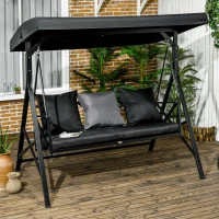Outsunny 3-Seat Patio Swing Chair, Porch Swing Glider with Cushion, 3 Throw Pillows & Adjustable Canopy for Porch, Garden, Poolside, Backyard, Black(m-2)