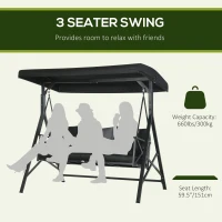 Outsunny 3-Seat Patio Swing Chair, Porch Swing Glider with Cushion, 3 Throw Pillows & Adjustable Canopy for Porch, Garden, Poolside, Backyard, Black(m-4)