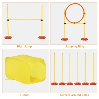 PawHut 4PCs Portable Pet Agility Training Obstacle Set for Dogs w/ Adjustable Weave Pole, Jumping Ring, Adjustable High Jump, Tunnel and Carrying Bag(m-4)