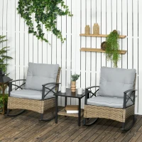 Outsunny 3 Piece Patio Rocking Chair Set, Outdoor Wicker Bistro Set with 2 Oversize Cushioned Porch Rockers and 2 Tier Coffee Table for Garden, Porch, Backyard, Light Gray(m-2)