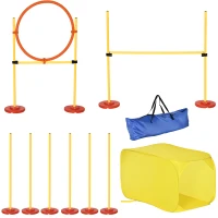 PawHut 4PCs Portable Pet Agility Training Obstacle Set for Dogs w/ Adjustable Weave Pole, Jumping Ring, Adjustable High Jump, Tunnel and Carrying Bag(m-2)