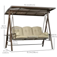 Outsunny 3-Seat Patio Swing Chair, Outdoor Canopy Swing Glider with Cushion, Pillows and Adjustable Polycarbonate Canopy for Porch, Garden, Poolside, Backyard, Khaki(m-3)