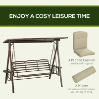Outsunny 3-Seat Patio Swing Chair, Outdoor Canopy Swing Glider with Cushion, Pillows and Adjustable Polycarbonate Canopy for Porch, Garden, Poolside, Backyard, Khaki(m-7)