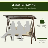 Outsunny 3-Seat Patio Swing Chair, Outdoor Canopy Swing Glider with Cushion, Pillows and Adjustable Polycarbonate Canopy for Porch, Garden, Poolside, Backyard, Khaki(m-4)