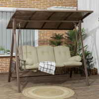 Outsunny 3-Seat Patio Swing Chair, Outdoor Canopy Swing Glider with Cushion, Pillows and Adjustable Polycarbonate Canopy for Porch, Garden, Poolside, Backyard, Khaki(m-1)
