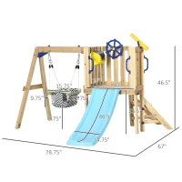 Outsunny Swing Set for Backyard, Wooden Toddler Outdoor Playset with Baby Swing Seat, Kids Slide, Fort, Playground Equipment with Captain's Wheel, Telescope for Ages 1.5-4, Natural(m-3)