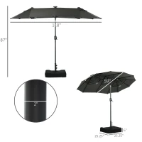 Outsunny 10ft Double-sided Patio Umbrella with Solar Lights and Sandbag Base, Outdoor Umbrella with Push Button Tilt, Crank, Air Vents for Garden, Backyard, Deck, Pool, Market, Gray(m-3)