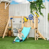 Outsunny Swing Set for Backyard, Wooden Toddler Outdoor Playset with Baby Swing Seat, Kids Slide, Fort, Playground Equipment with Captain's Wheel, Telescope for Ages 1.5-4, Natural(m-2)