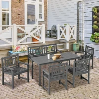 Outsunny 6 Piece Patio Dining Set, Outdoor Poplar Wood Furniture Set, Umbrella Hole Table and Chairs with Bench for Porch, Backyard, Balcony, Outside Garden, Dark Gray(m-2)