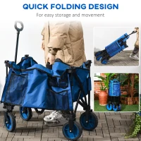 Outsunny Folding Garden Wagon, Collapsible Wagon, Cart with Wheels, Steel Frame and Oxford Fabric, Blue(m-5)