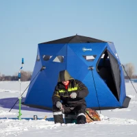 Outsunny 4 Person Insulated Ice Fishing Shelter, 360-Degree View, Pop-Up Portable Ice Fishing Tent with Carry Bag, Two Doors and Anchors for Low-Temp -22℉, Dark Blue(m-2)