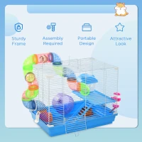PawHut 18"L Hamster Cage, Small Animal House, 2-Level Rat Gerbil Haven with Tunnel Tube System, Exercise Wheel, Water Bottle, Food Dish, Ramp, Blue(m-7)
