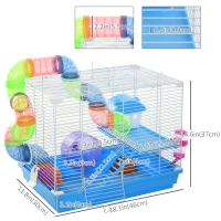 PawHut 18"L Hamster Cage, Small Animal House, 2-Level Rat Gerbil Haven with Tunnel Tube System, Exercise Wheel, Water Bottle, Food Dish, Ramp, Blue(m-3)