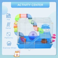 PawHut 18"L Hamster Cage, Small Animal House, 2-Level Rat Gerbil Haven with Tunnel Tube System, Exercise Wheel, Water Bottle, Food Dish, Ramp, Blue(m-4)